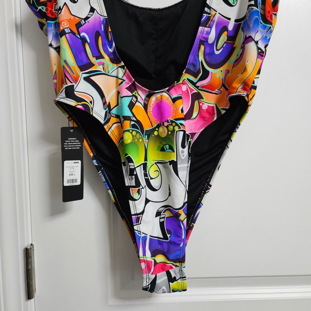 NWT Fashion Nova Swimsuit Women Lg Multicolor Not That Graffiti 1 Piece High Leg - Picture 8 of 12